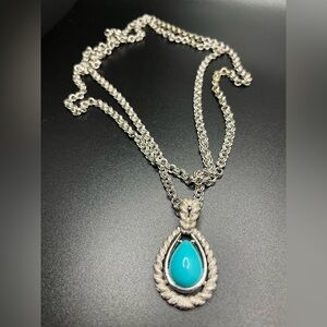 Vintage Avon Silver-Tone Teardrop Pendant Necklace – Faux Turquoise Cabochon